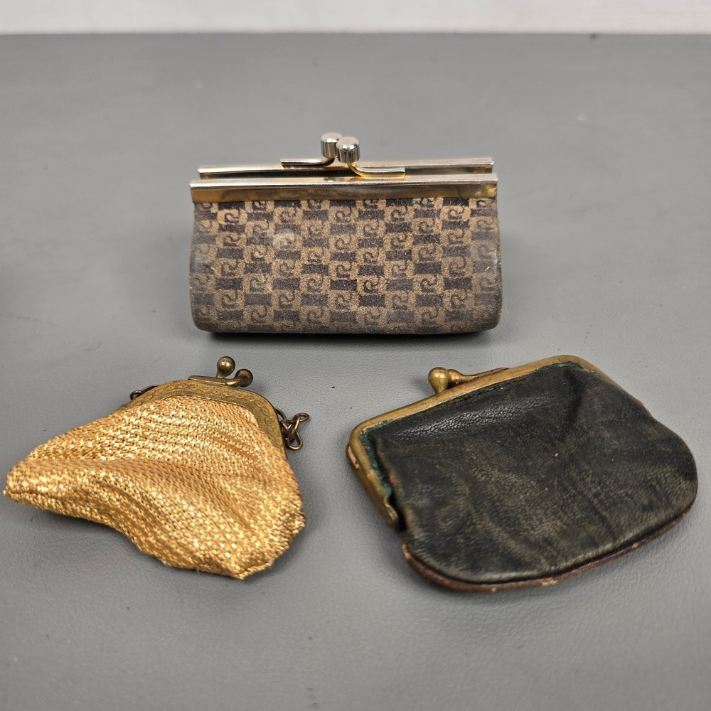 3 Vintage Monogram Pattern Gold-Tone Mesh & Black Leather Collectable Coin Purse